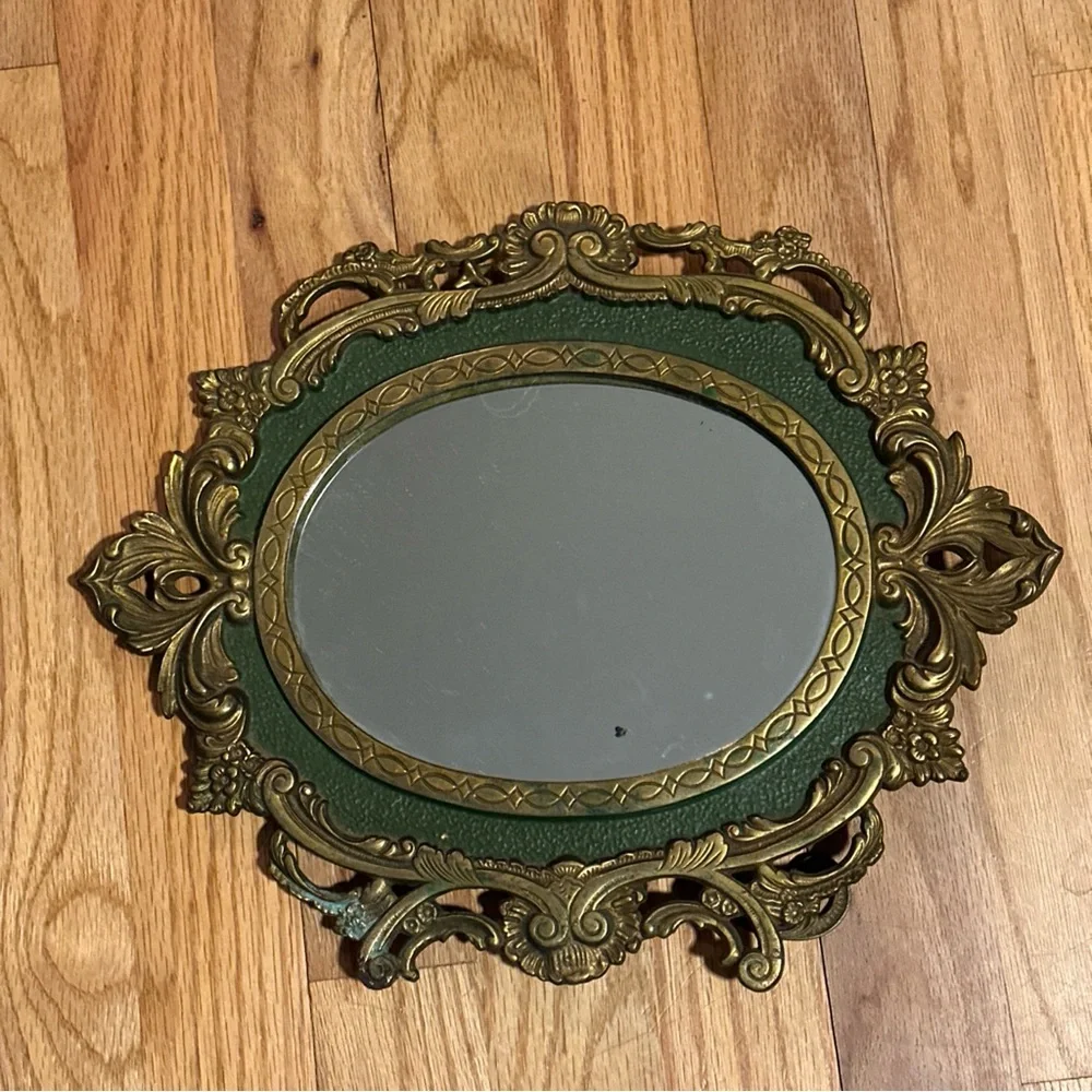 Antique MIRROR Baroque French vanity free standing solid Brass with green detail